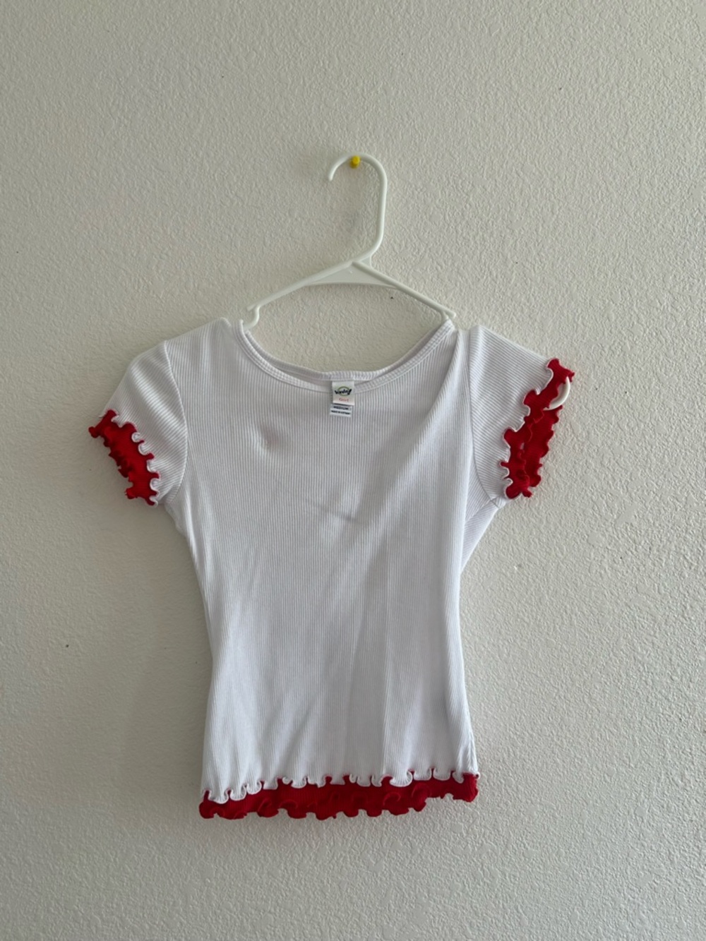 Kavio White Short Sleeve Tee with Red Ruffle Trim